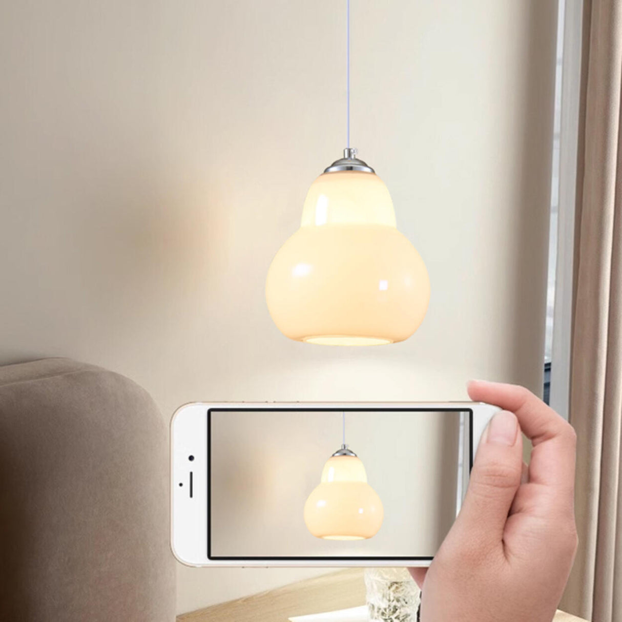 Contemporary White Glass Gourd Pendant Light Flexible Length Image - 18