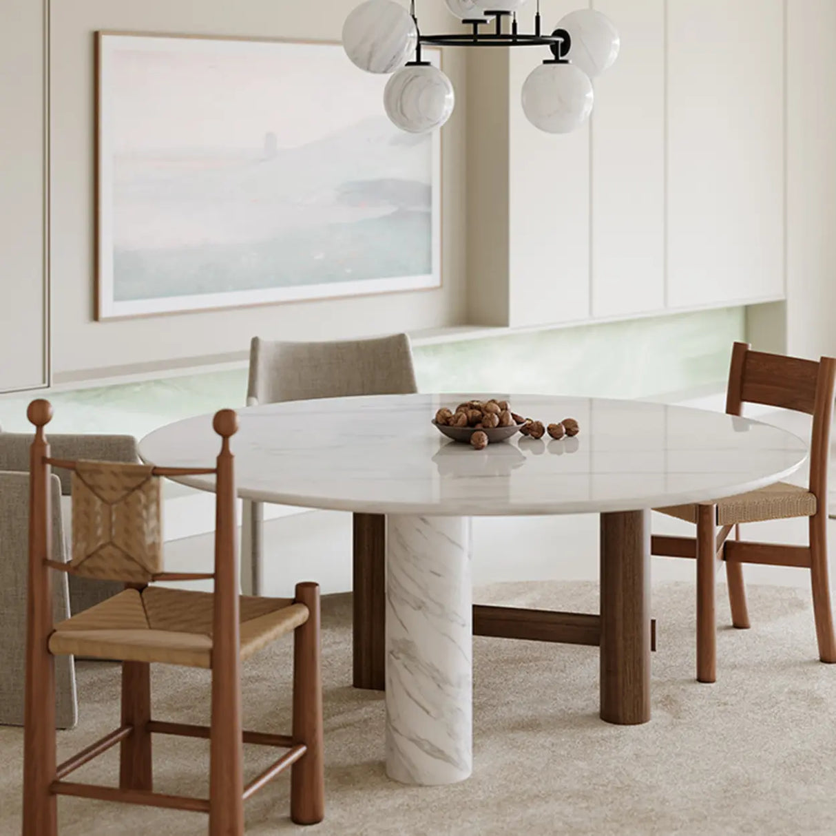 Contemporary White Stone Round Large Wood Leg Dining Table Image - 1