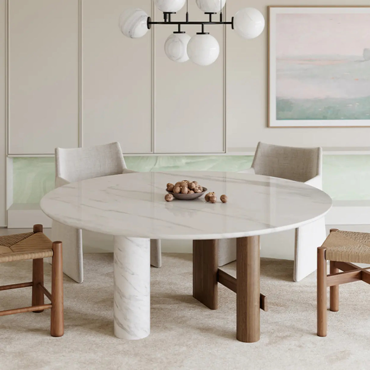 Contemporary White Stone Round Large Wood Leg Dining Table Image - 3