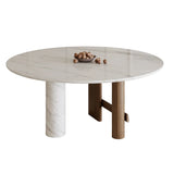 Contemporary White Stone Round Large Wood Leg Dining Table Image - 5