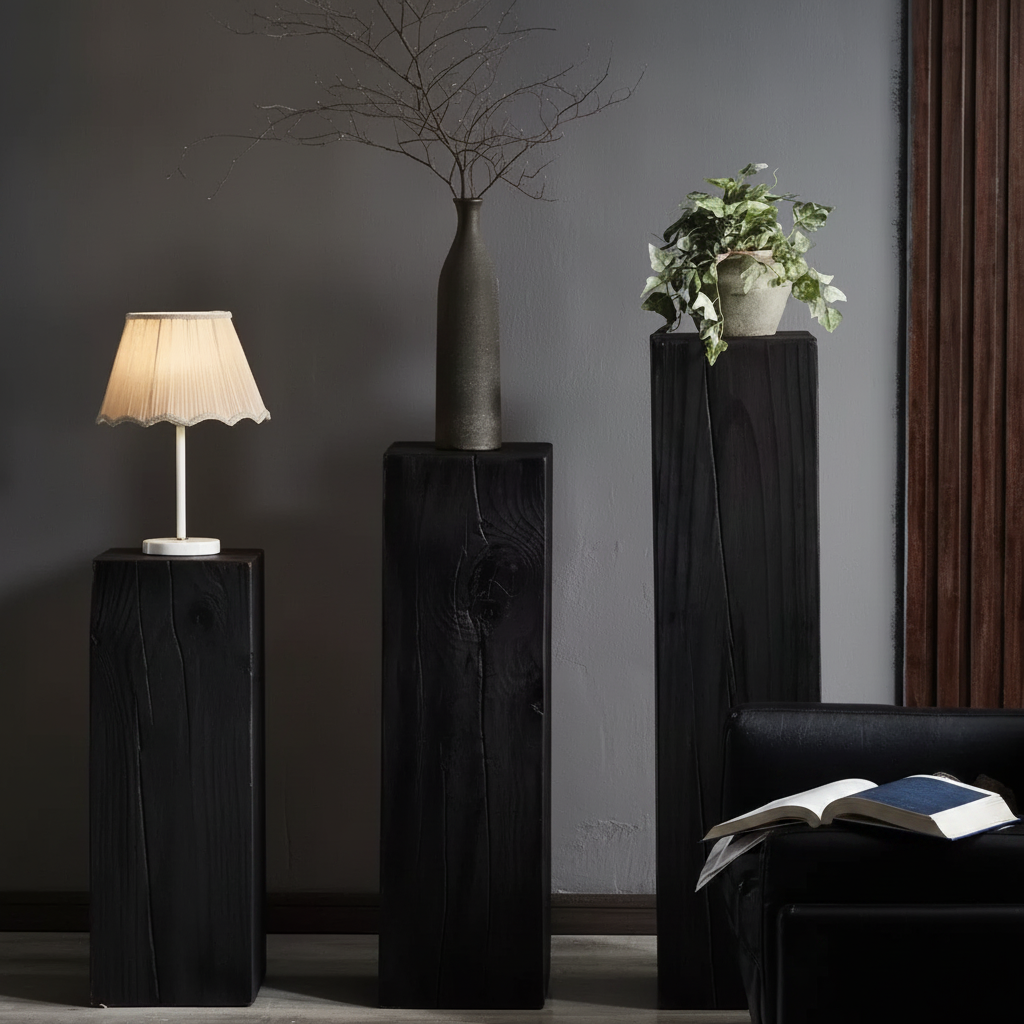 Contemporary Wood Black Square Block Side Table Image - 24