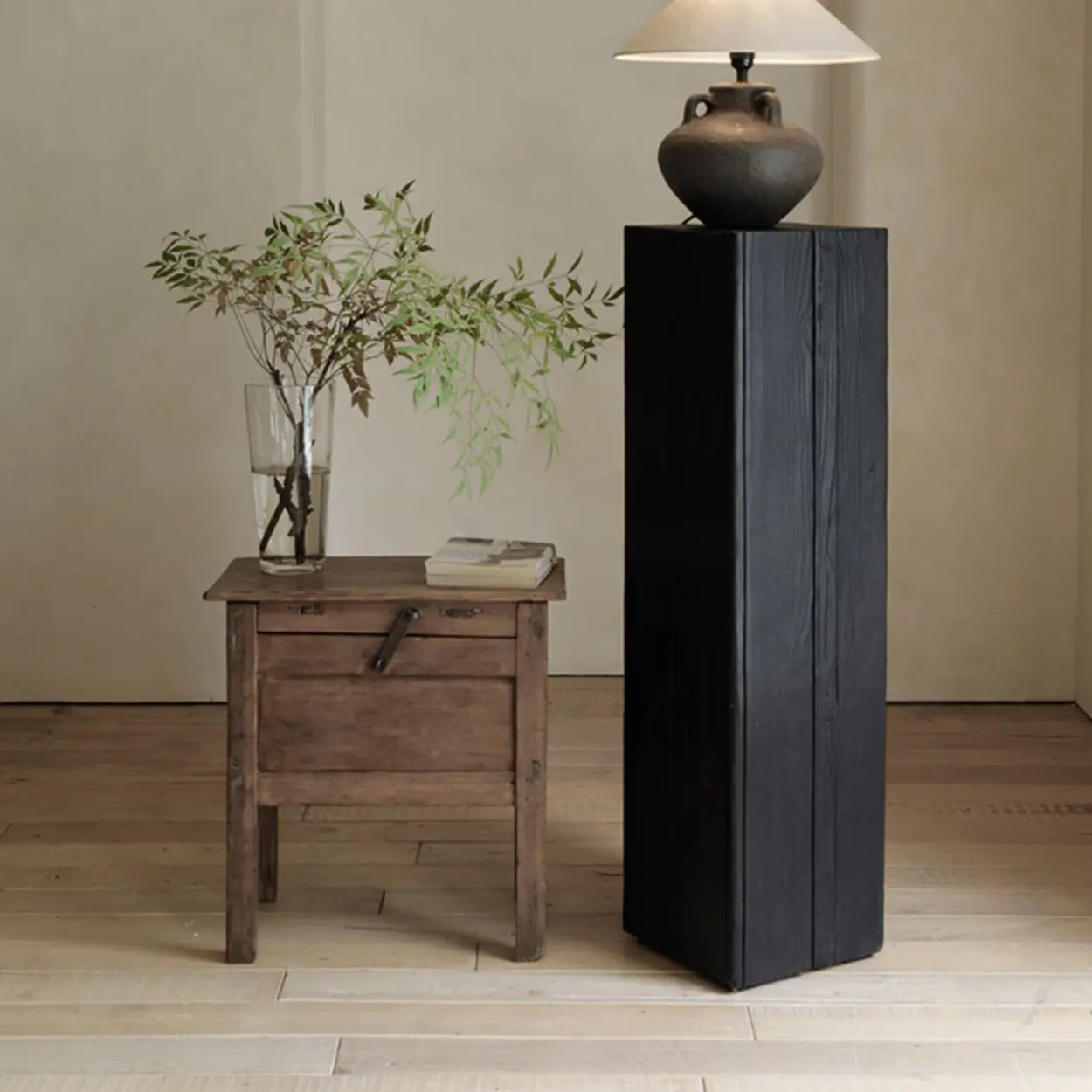  Contemporary Wood Black Square Block Side Table Image - 3