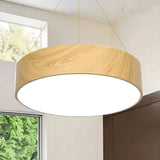 Contemporary Wood Color Drum LED Pendant Light Image - 1