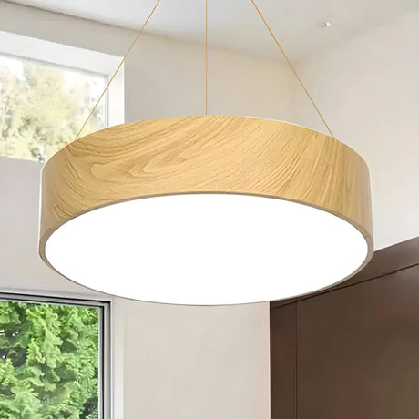 Contemporary Wood Color Drum LED Pendant Light Image - 1