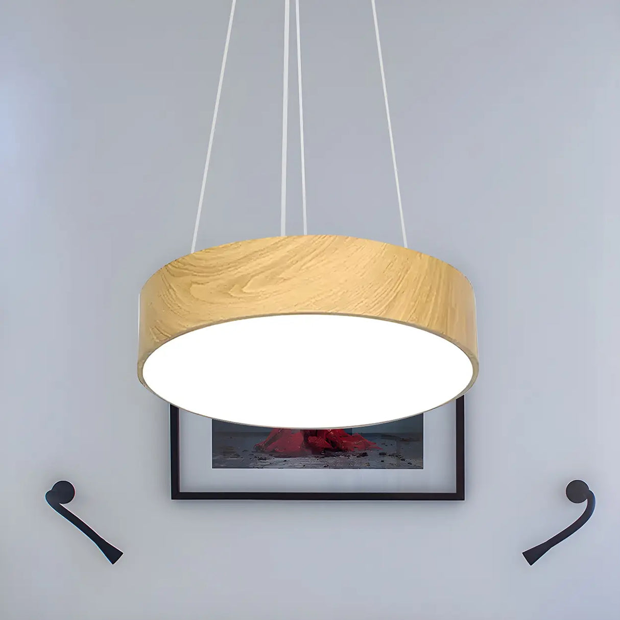 Contemporary Wood Color Drum LED Pendant Light Image - 2