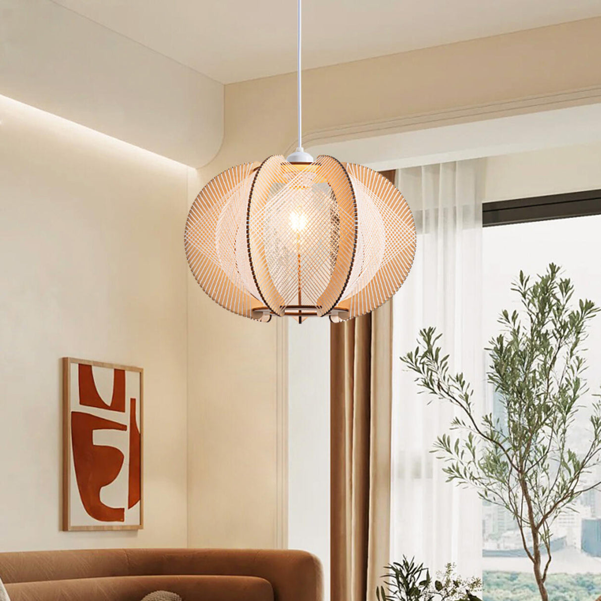 Contemporary Wooden Slatted Lantern Pendant Light Image - 6