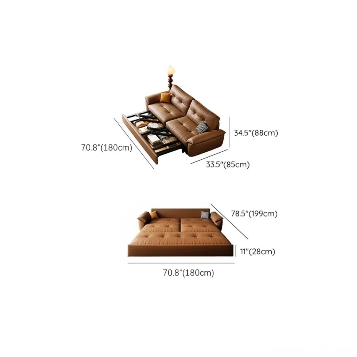 Convertible Brown Leather Tufted Storage Futon Sofa Bed 