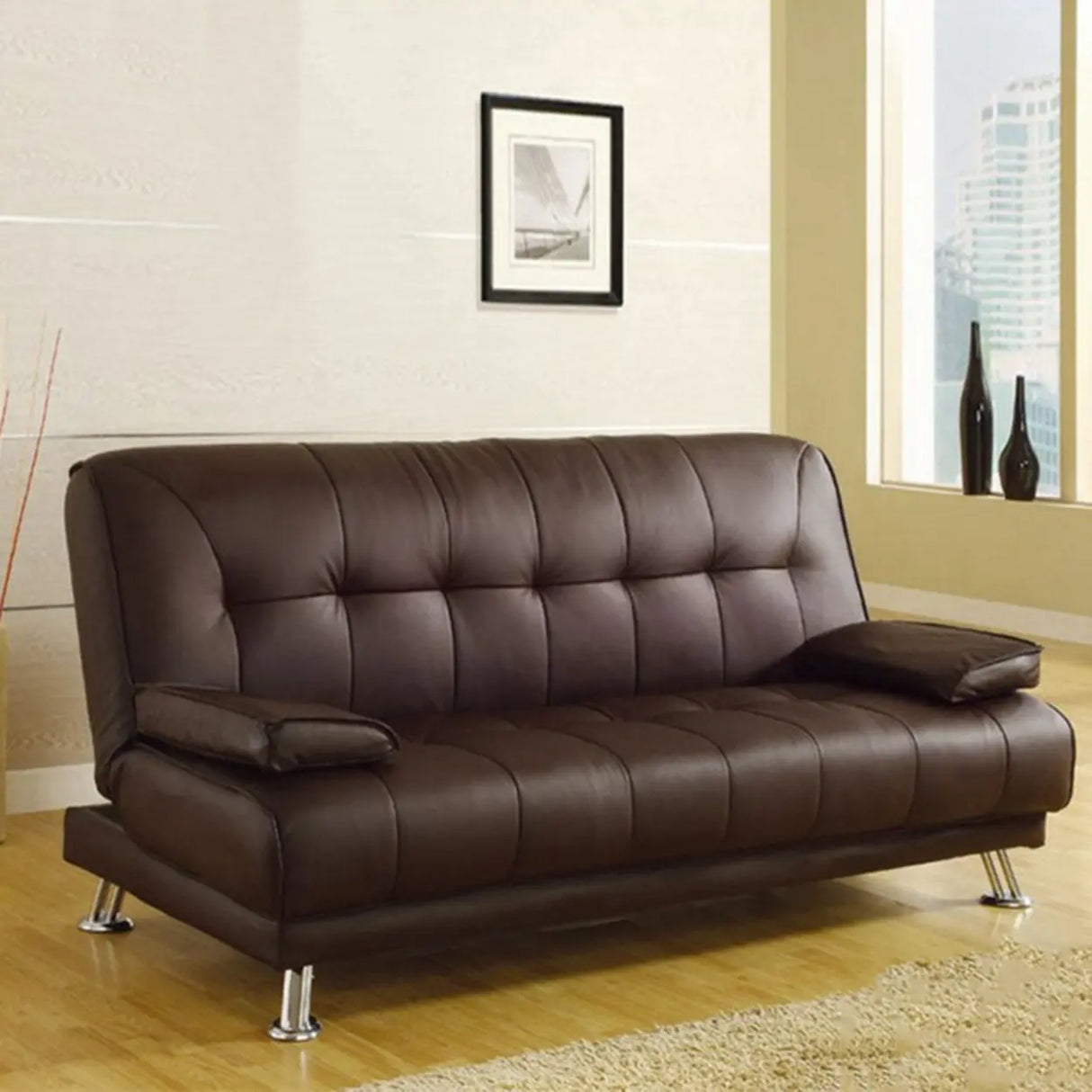 Convertible Foldable Brown Leather Sleeper with Arms Image - 1