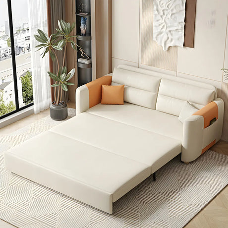 Convertible Square Arm Faux Leather Off-White Sleeper Sofa Image - 2