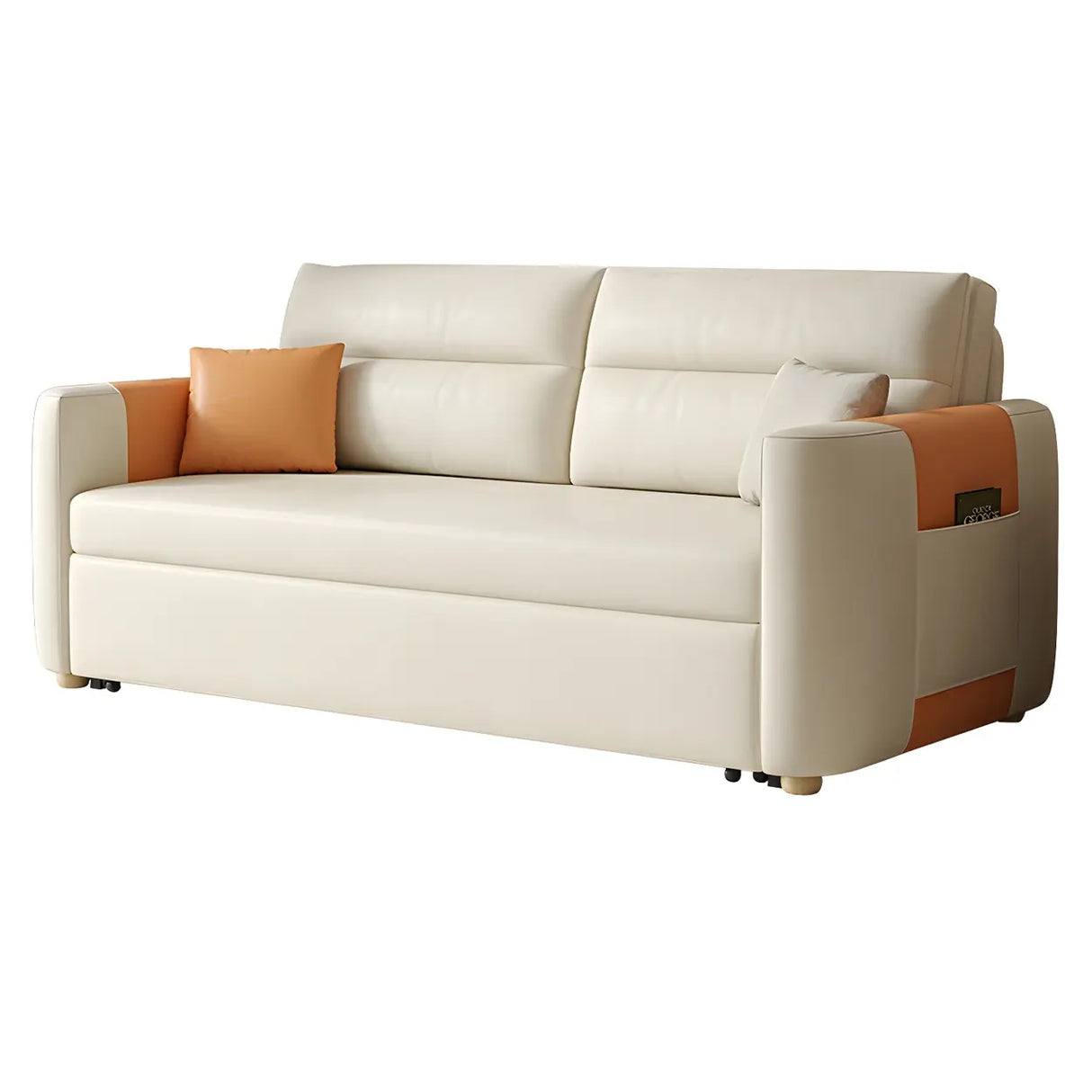 Convertible Square Arm Faux Leather Off-White Sleeper Sofa Image - 5