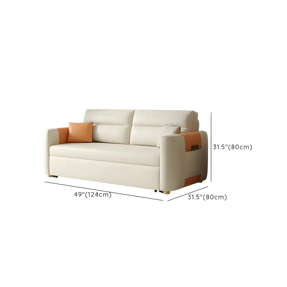 Convertible Square Arm Faux Leather Off-White Sleeper Sofa 