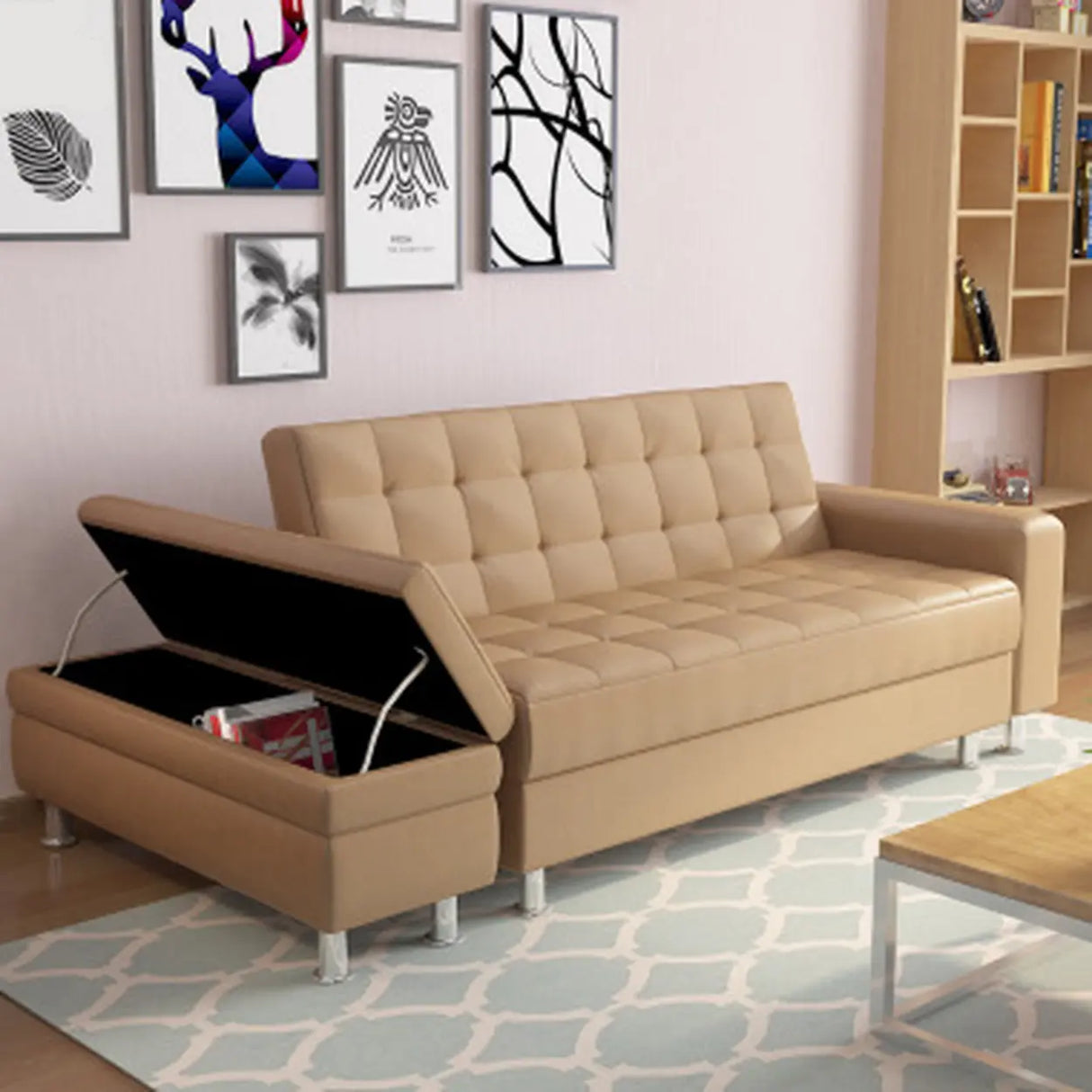 Convertible White Queen Storage Leather Futon Sofa Bed Image - 11