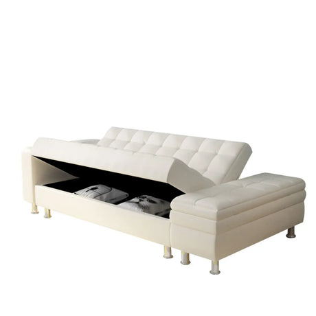 Convertible White Queen Storage Leather Futon Sofa Bed Image - 2