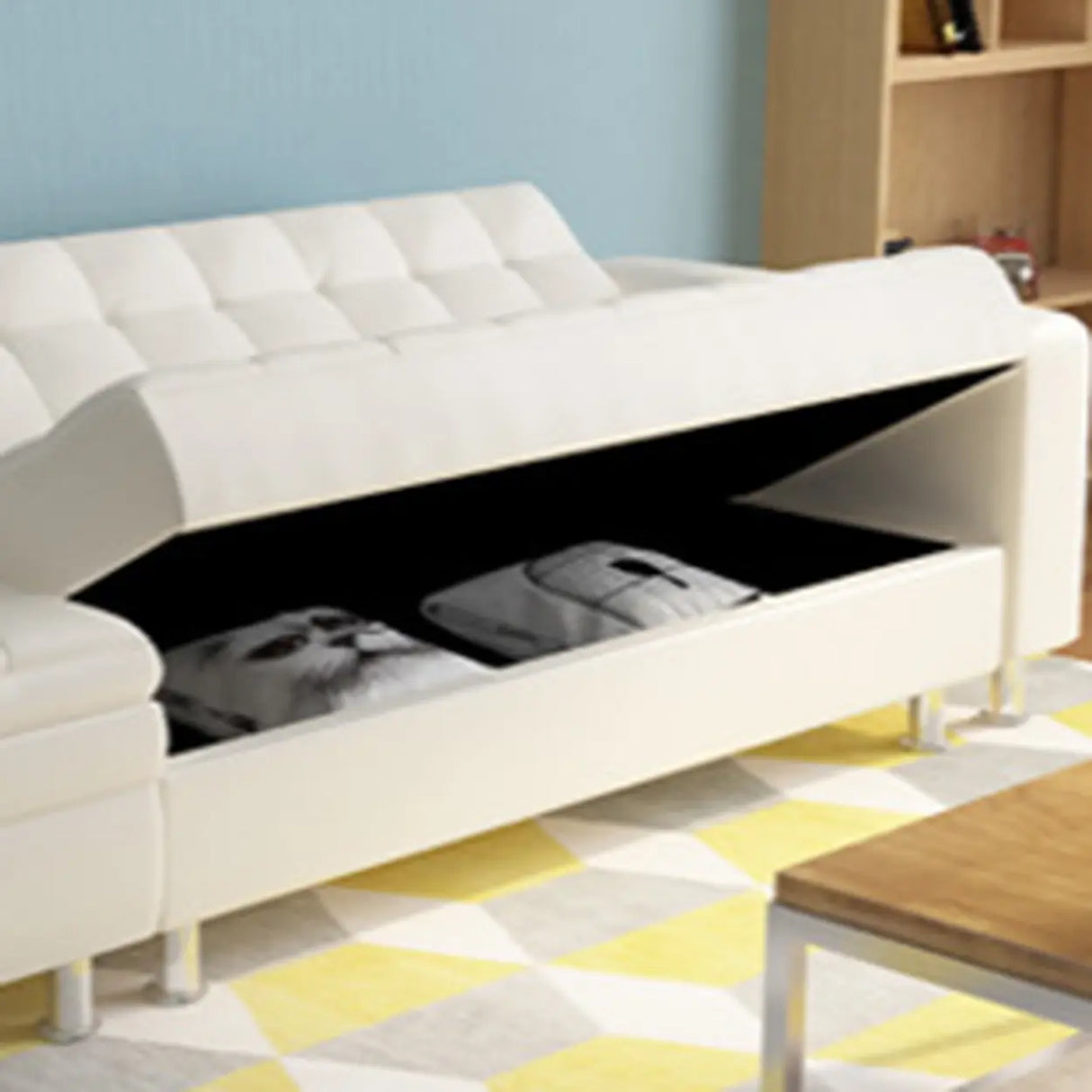Convertible White Queen Storage Leather Futon Sofa Bed Image - 6