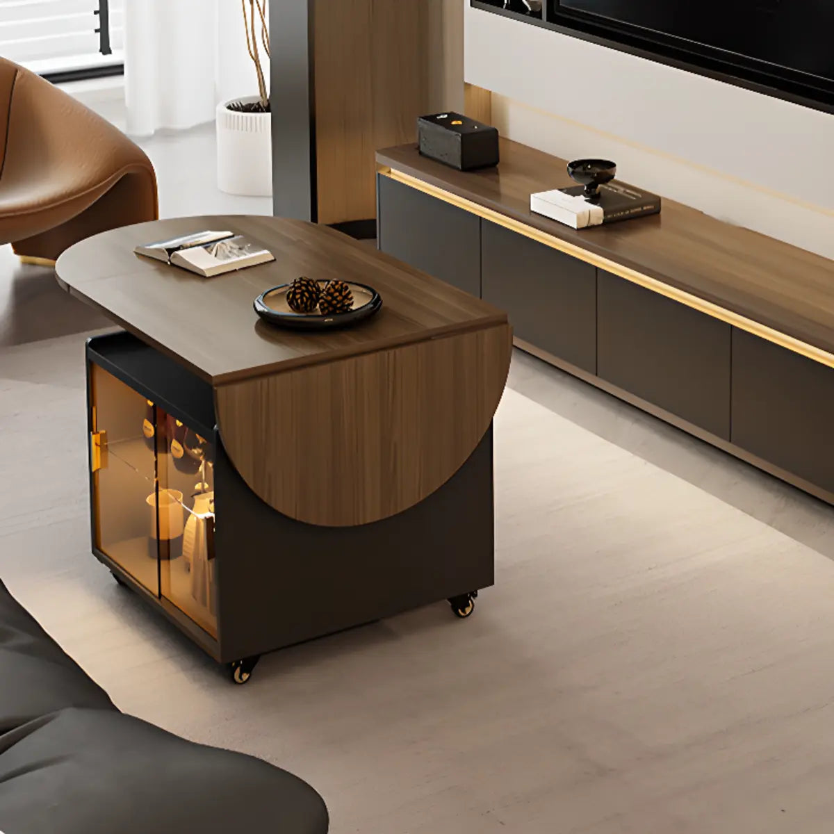 Convertible Wood Lift Top Cabinet Coffee Table Table Image - 3