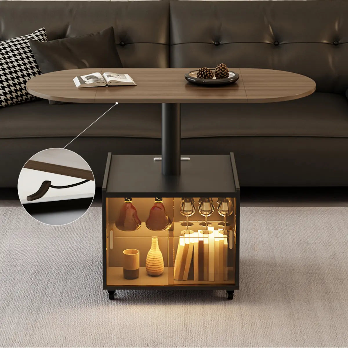 Convertible Wood Lift Top Cabinet Coffee Table Table Image - 5