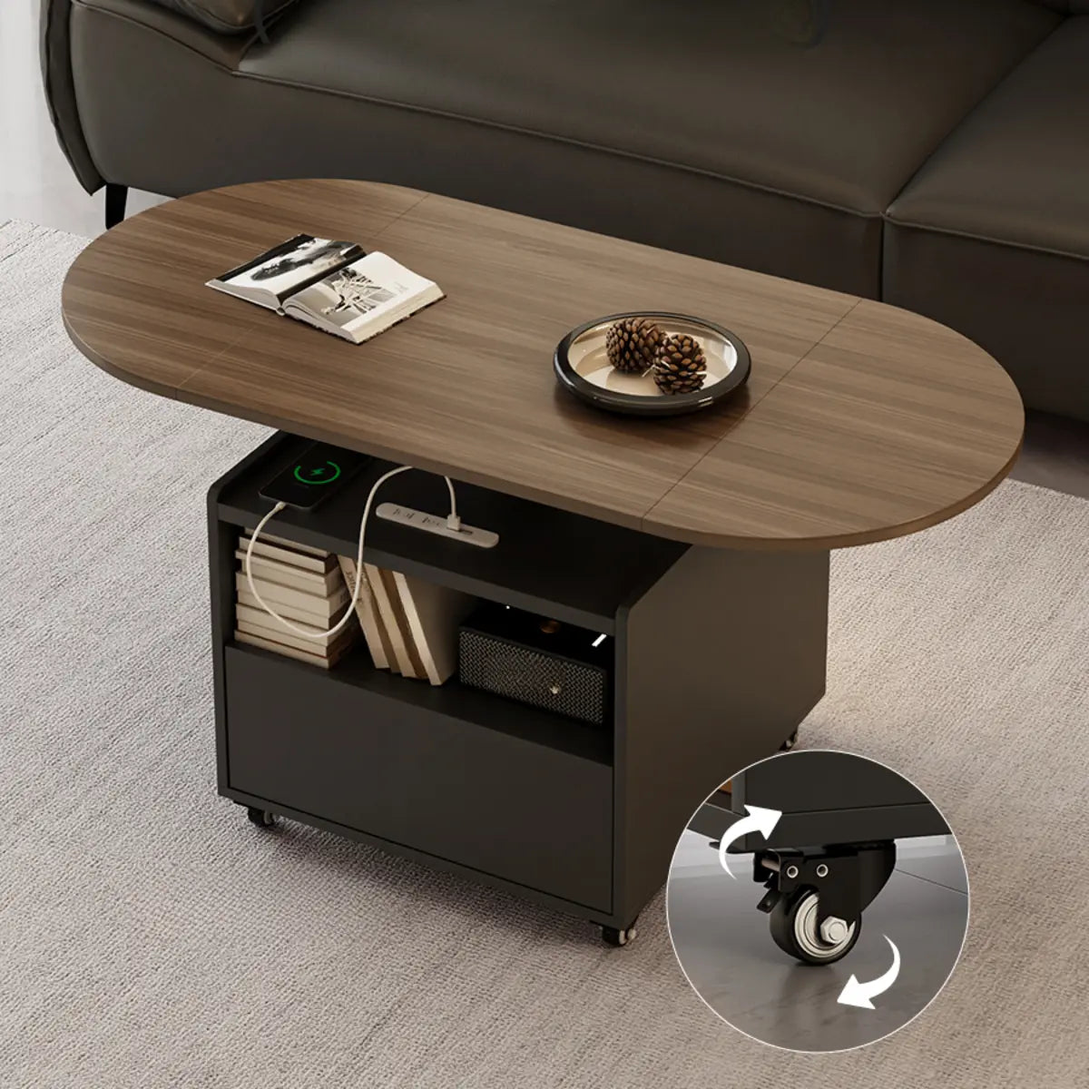 Convertible Wood Lift Top Cabinet Coffee Table Table Image - 8