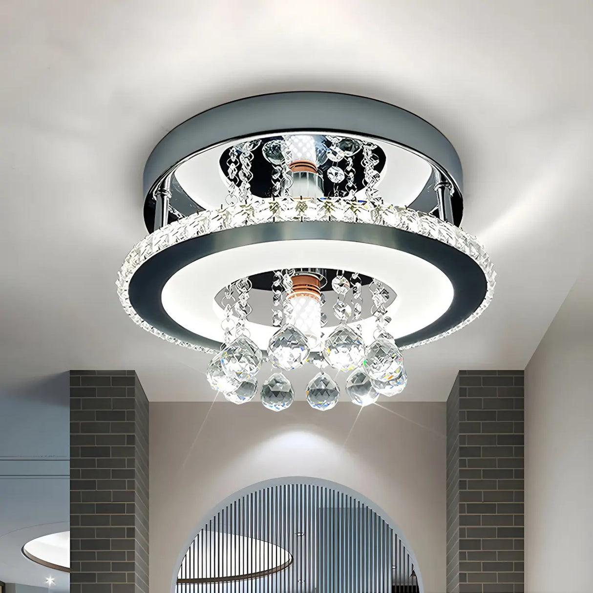 Corridor Chrome Round Crystal Orb LED Flush Mount Light Image - 4