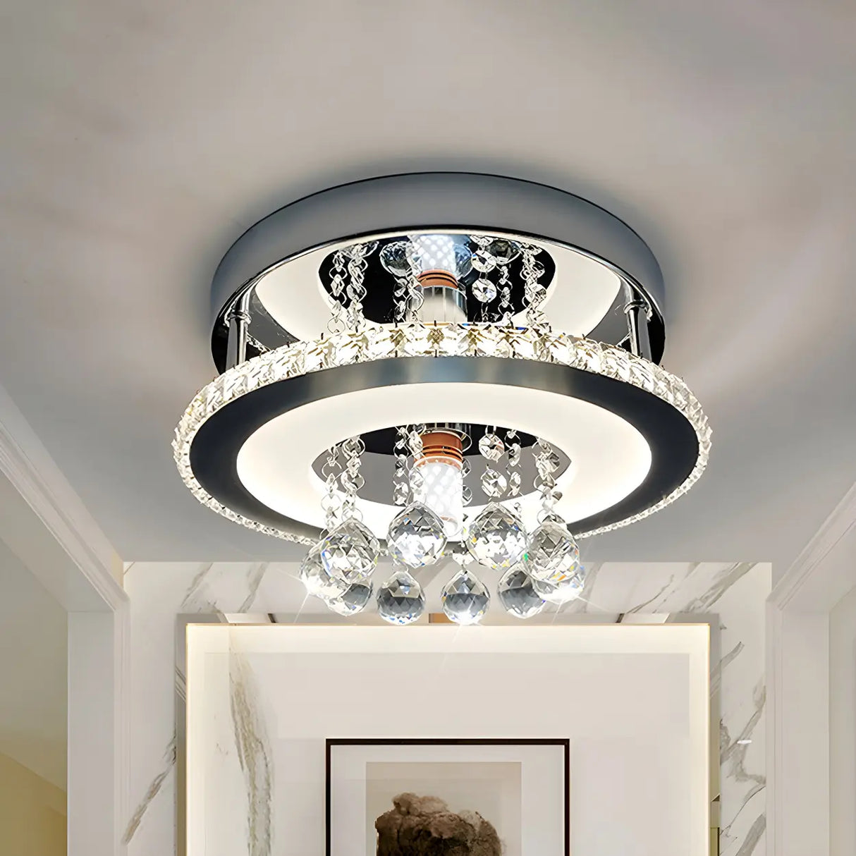 Corridor Chrome Round Crystal Orb LED Flush Mount Light Image - 6