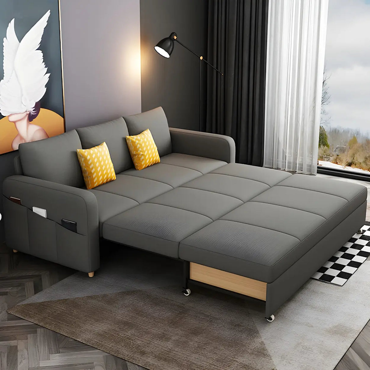 Cotton Blend Square Arm Pillow Back Sleeper Sofa Image - 2
