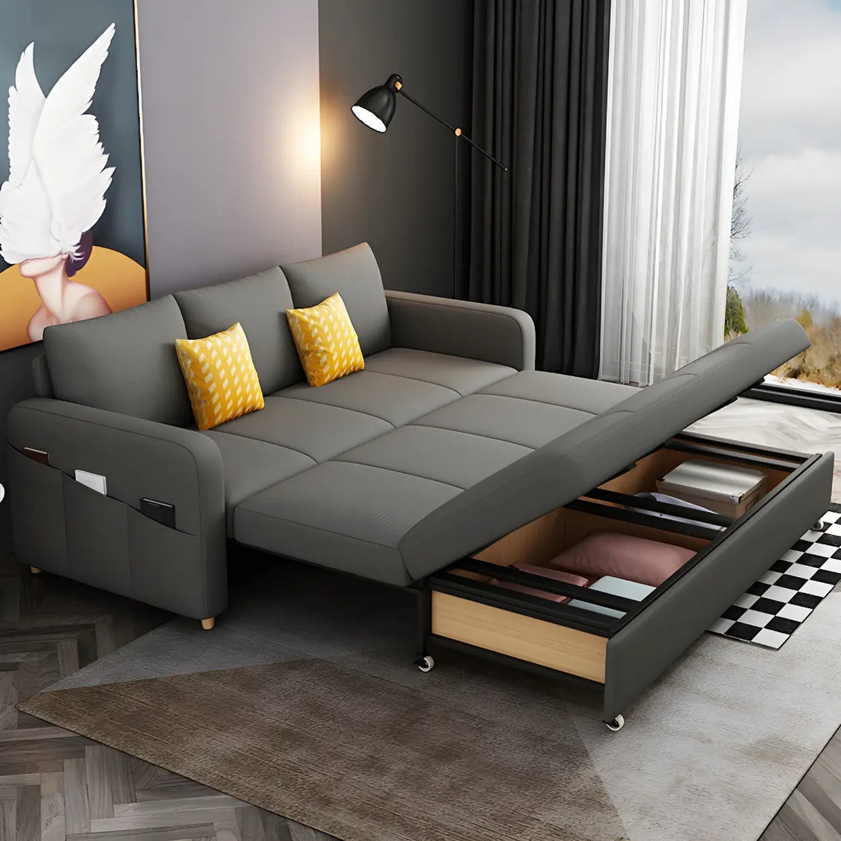 Cotton Blend Square Arm Pillow Back Sleeper Sofa Image - 3