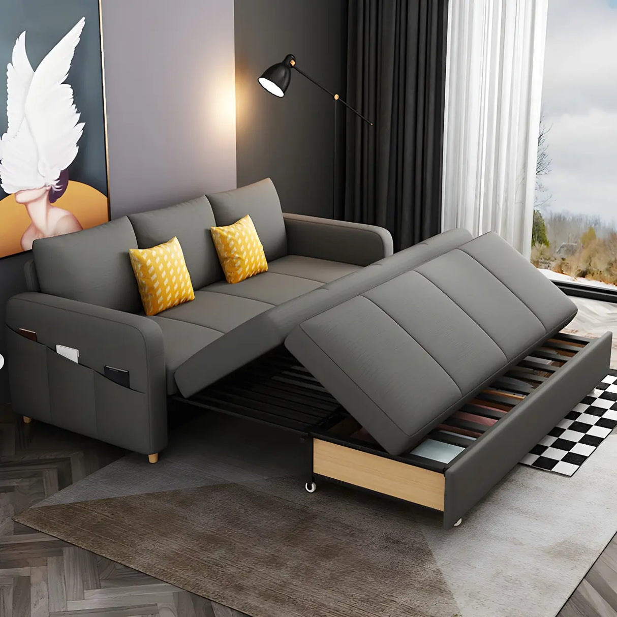 Cotton Blend Square Arm Pillow Back Sleeper Sofa Image - 4