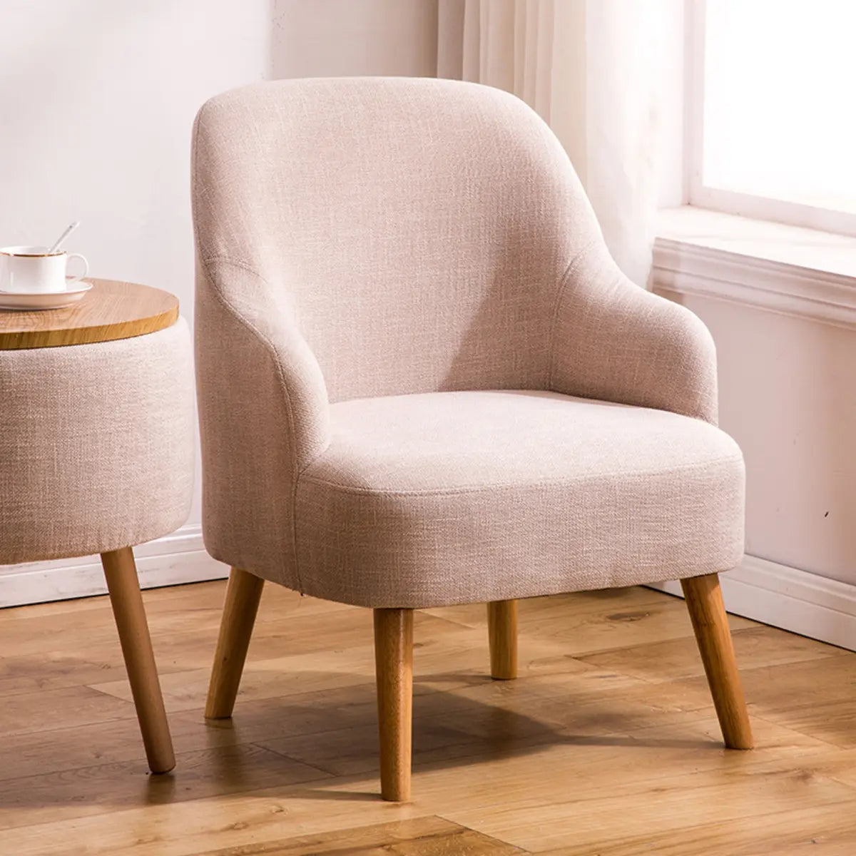 Cotton Linen Tight Back Four Wooden Legs Arm Chair Image - 4