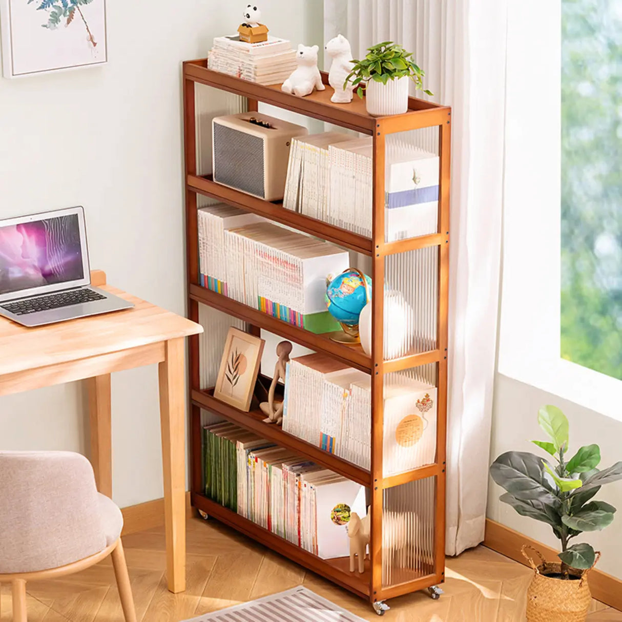 Country Style Bamboo Brown Storage Rack Open Bookshelf Image - 1