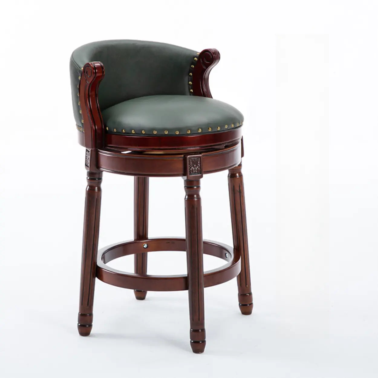 Cow Leather Wingback Swivel Wood Bar Stool with Nailhead Trim