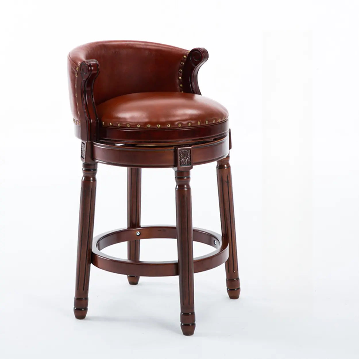Cow Leather Wingback Swivel Wood Bar Stool with Nailhead Trim