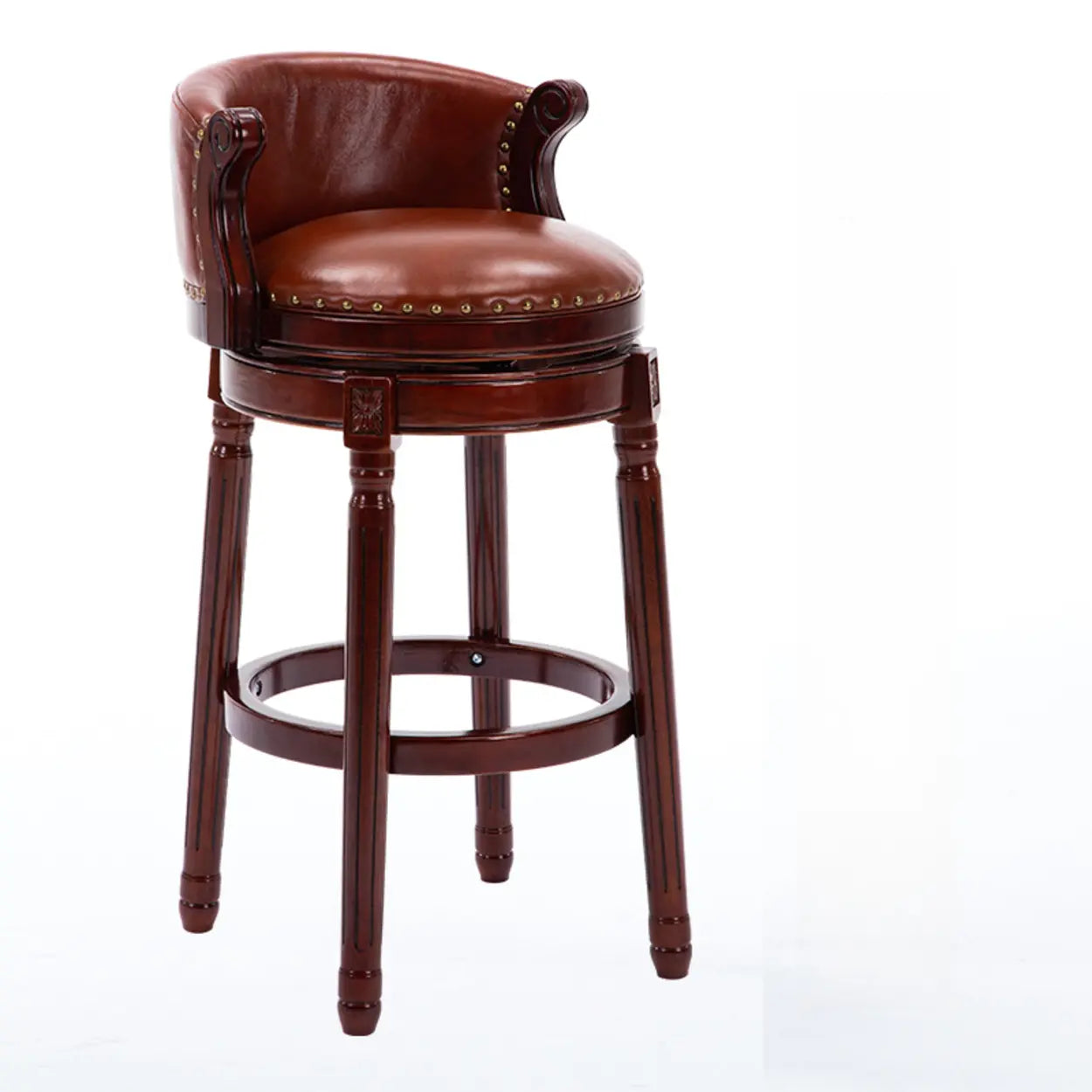 Cow Leather Wingback Swivel Wood Bar Stool with Nailhead Trim
