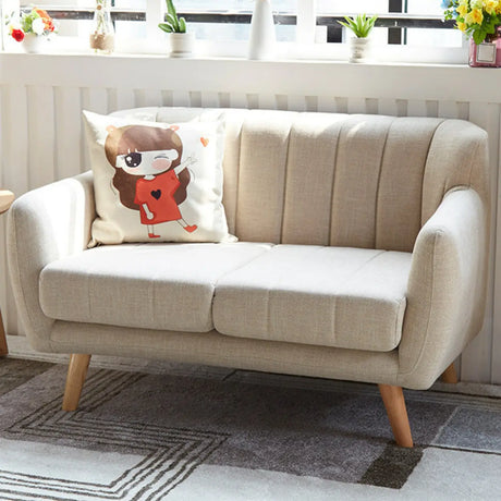 Cream Gray Cotton Linen Sewn Pillow Back Loveseat Image - 1