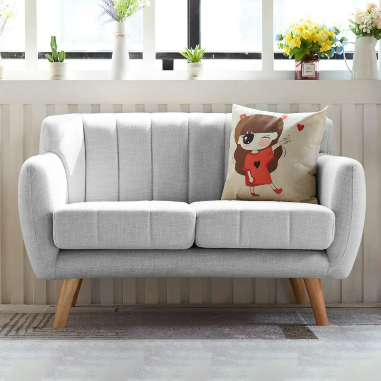 Cream Gray Cotton Linen Sewn Pillow Back Loveseat Image - 11