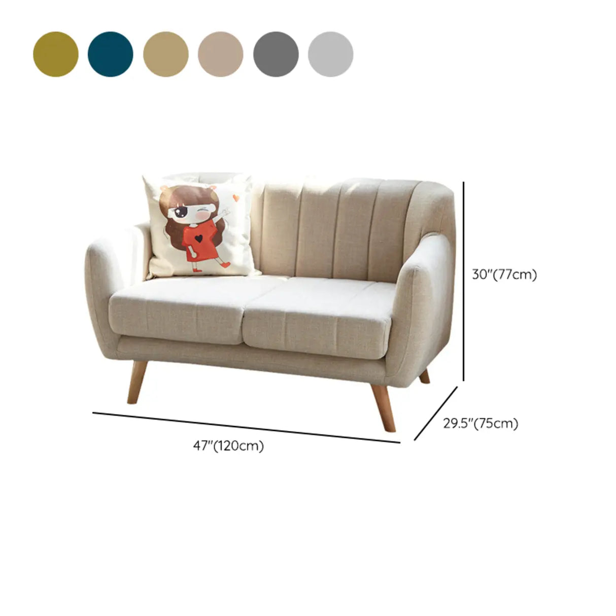 Cream Gray Cotton Linen Sewn Pillow Back Loveseat 