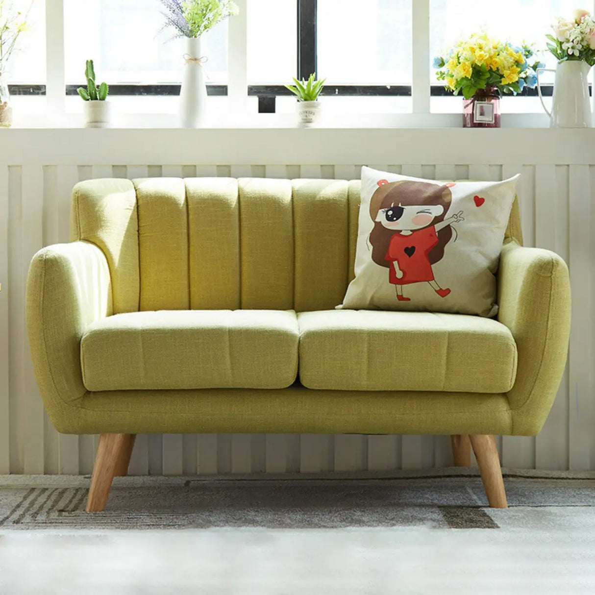 Cream Gray Cotton Linen Sewn Pillow Back Loveseat Image - 2