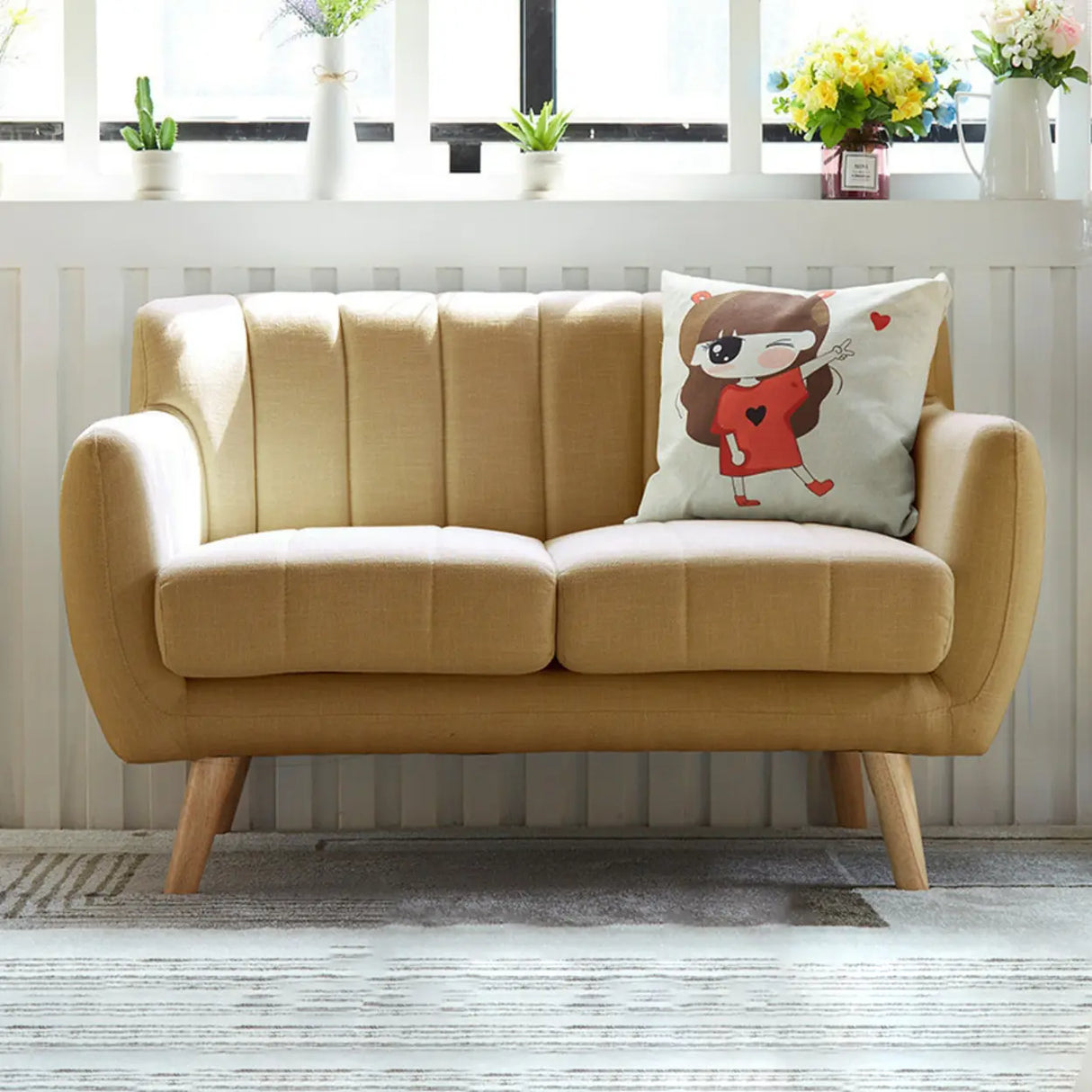 Cream Gray Cotton Linen Sewn Pillow Back Loveseat Image - 5
