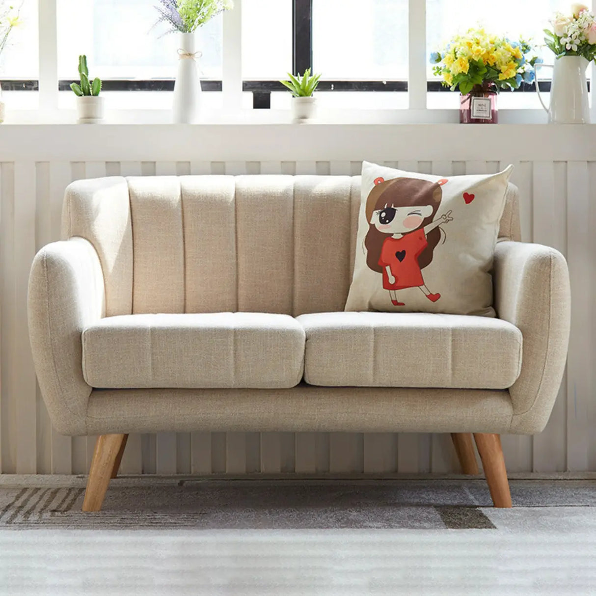 Cream Gray Cotton Linen Sewn Pillow Back Loveseat Image - 7