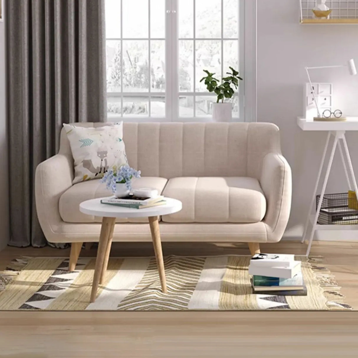 Cream Gray Cotton Linen Sewn Pillow Back Loveseat Image - 8