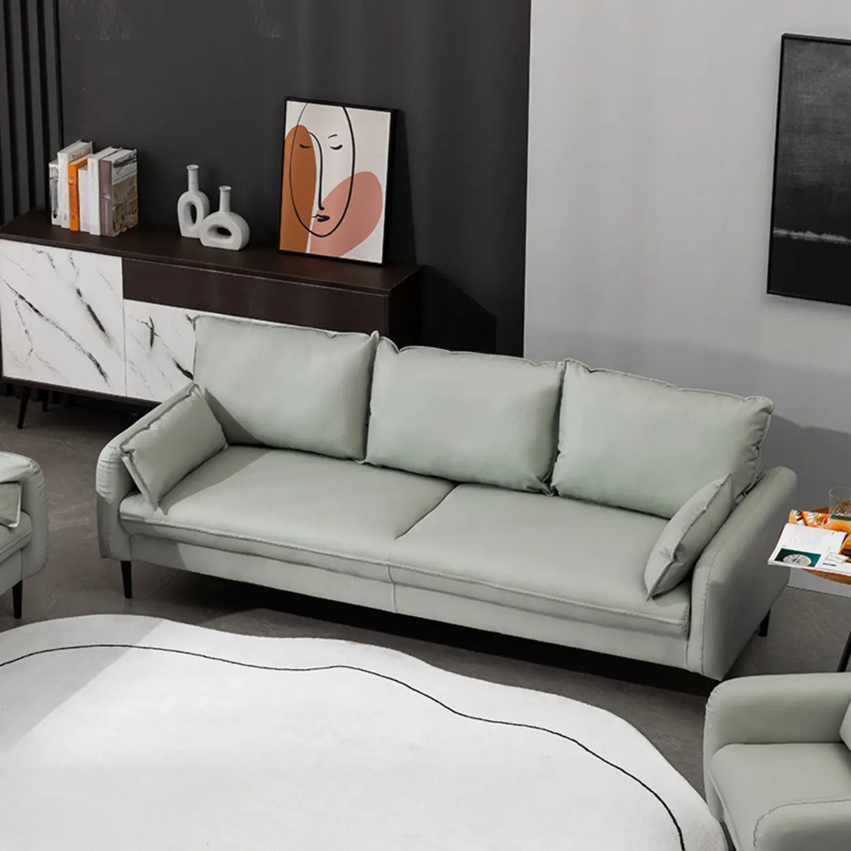 Cream Gray Scratch Resistant Leather Wood Frame Sofa Image - 1