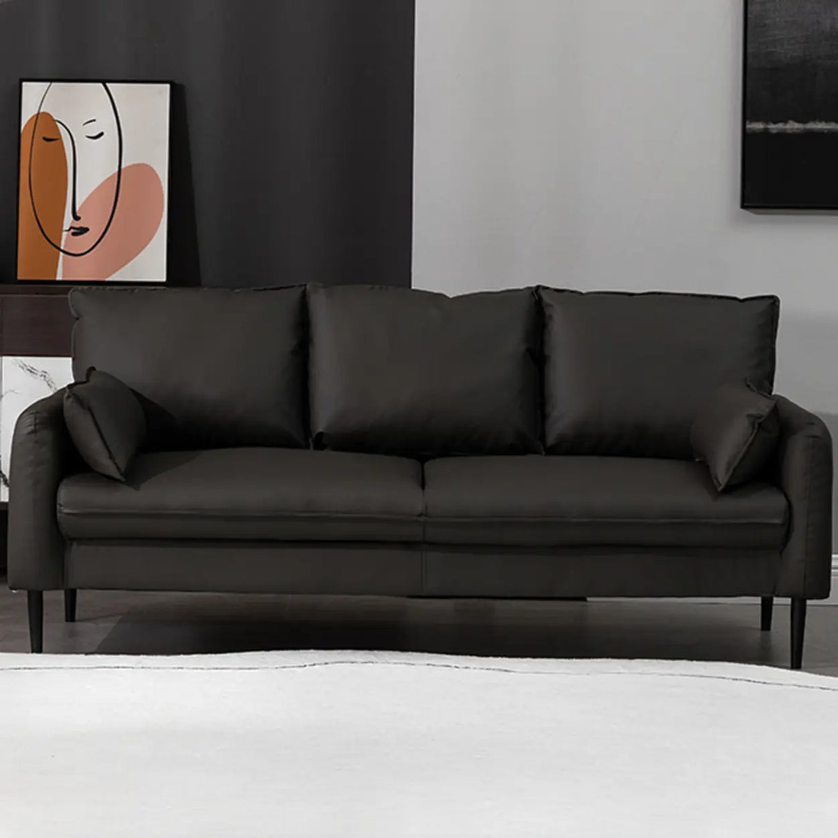 Cream Gray Scratch Resistant Leather Wood Frame Sofa Image - 3