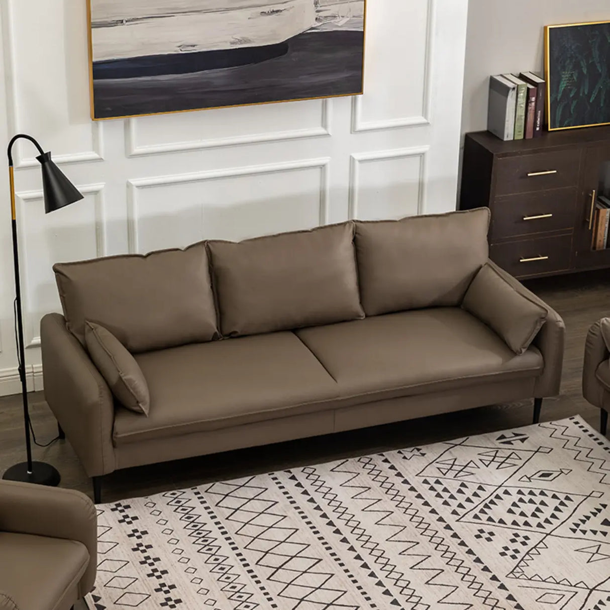 Cream Gray Scratch Resistant Leather Wood Frame Sofa Image - 4