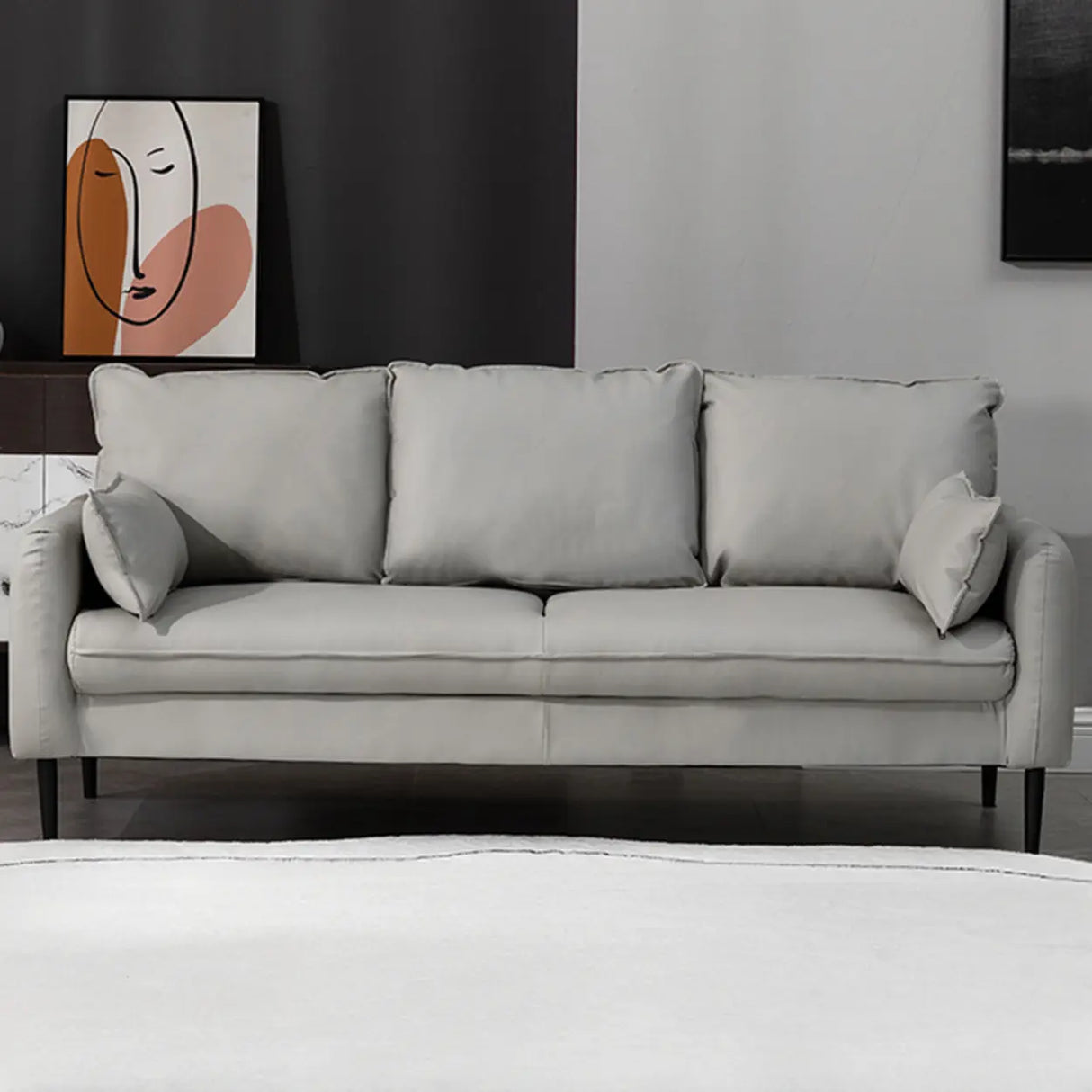 Cream Gray Scratch Resistant Leather Wood Frame Sofa Image - 5