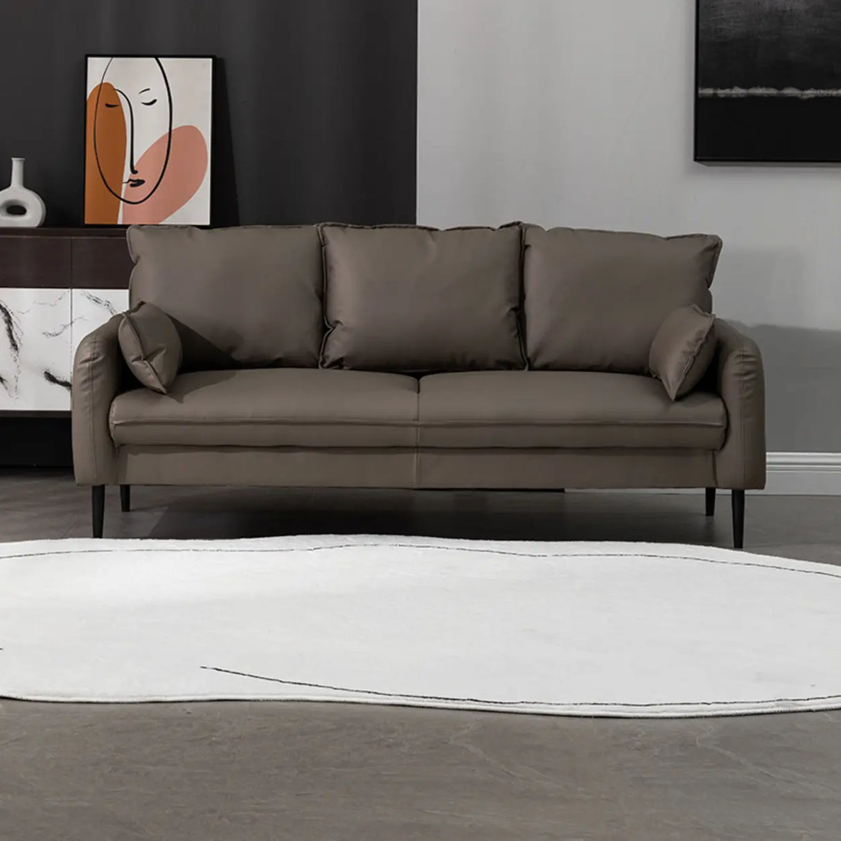Cream Gray Scratch Resistant Leather Wood Frame Sofa Image - 6