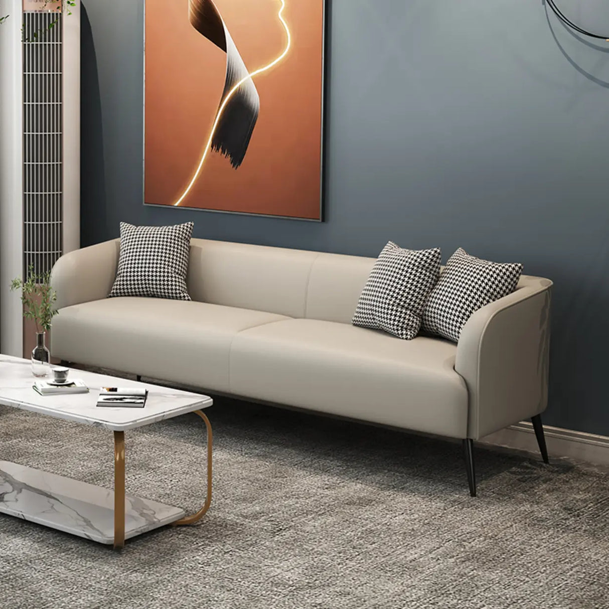 Cream Gray Stain Resistant Leather Square Arm Loveseat Image - 1