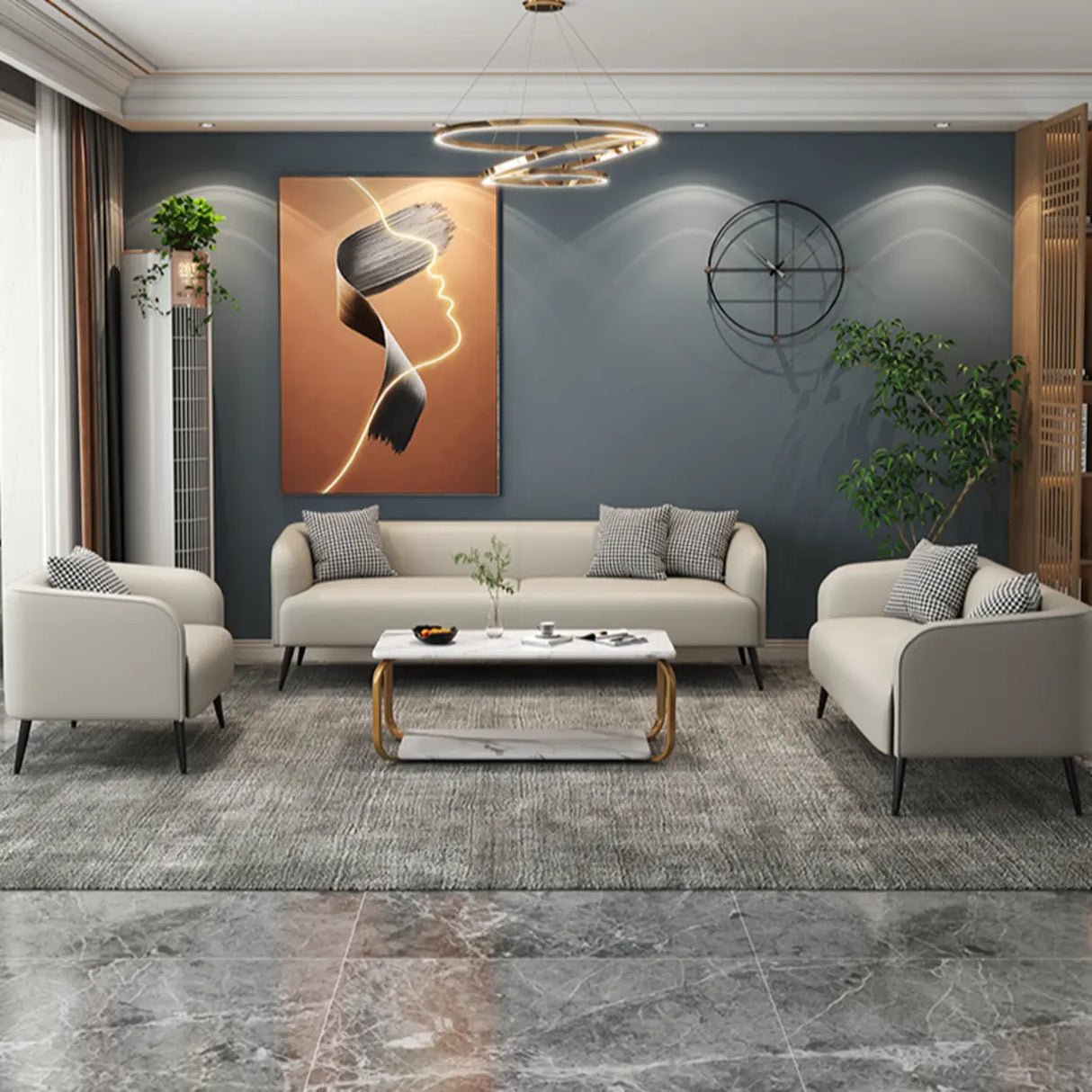 Cream Gray Stain Resistant Leather Square Arm Loveseat Image - 3