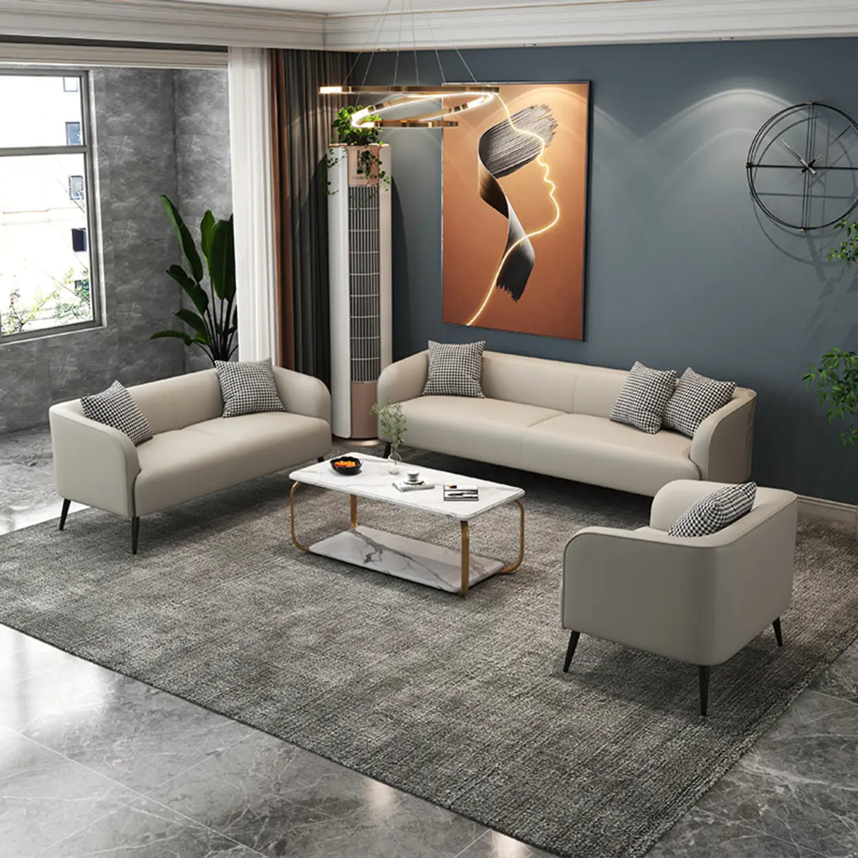 Cream Gray Stain Resistant Leather Square Arm Loveseat Image - 5