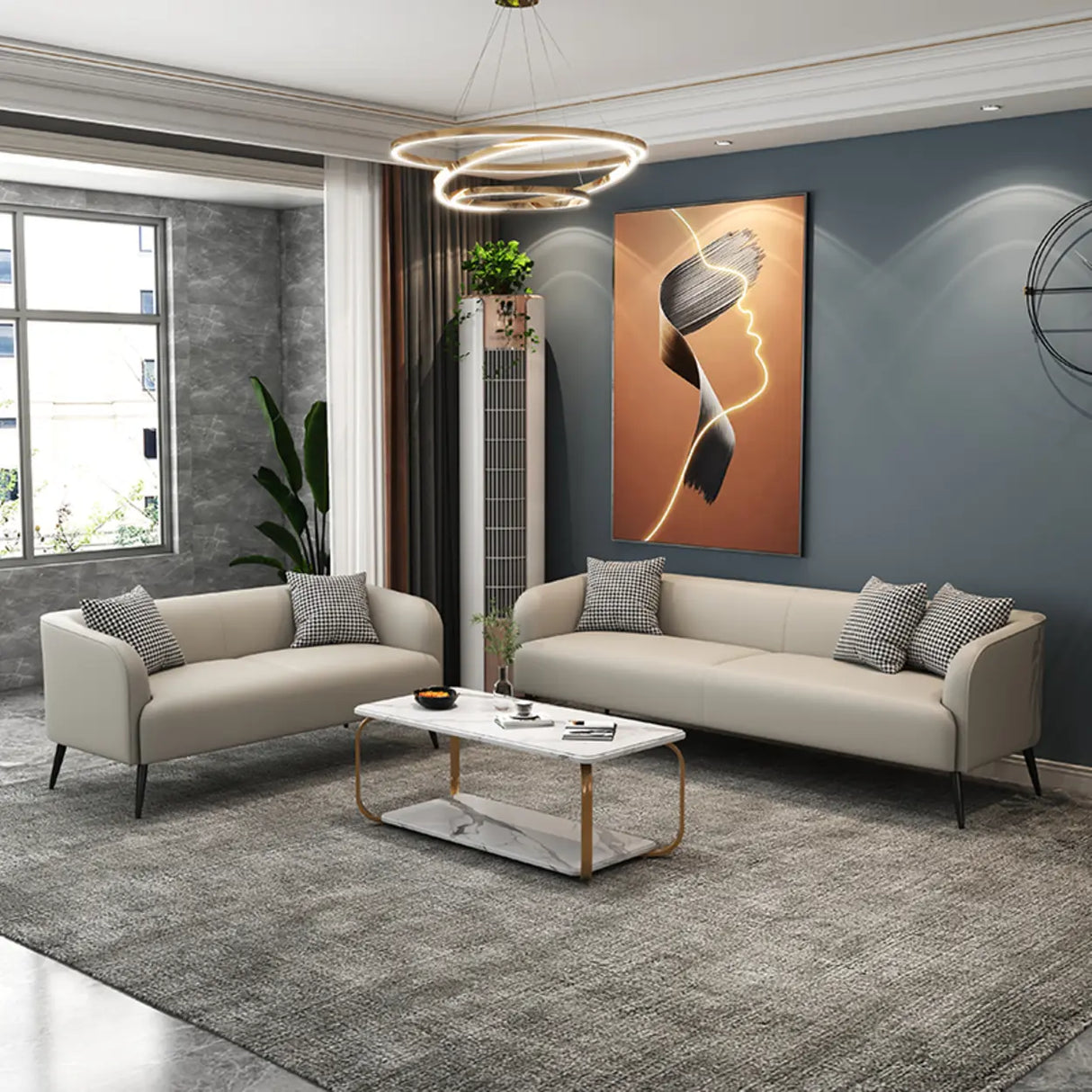 Cream Gray Stain Resistant Leather Square Arm Loveseat Image - 8