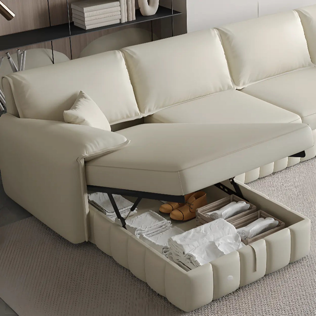 Cream Large L-Shape Leather Storage Included Sectional Sofa Image - 11