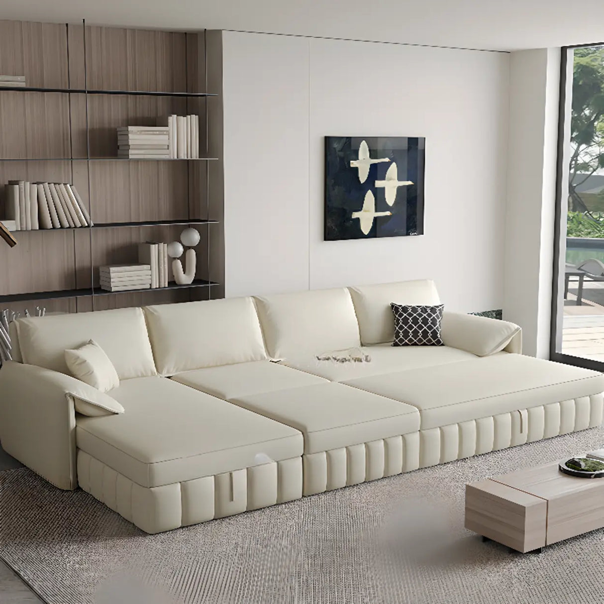 Cream Large L-Shape Leather Storage Included Sectional Sofa Image - 4