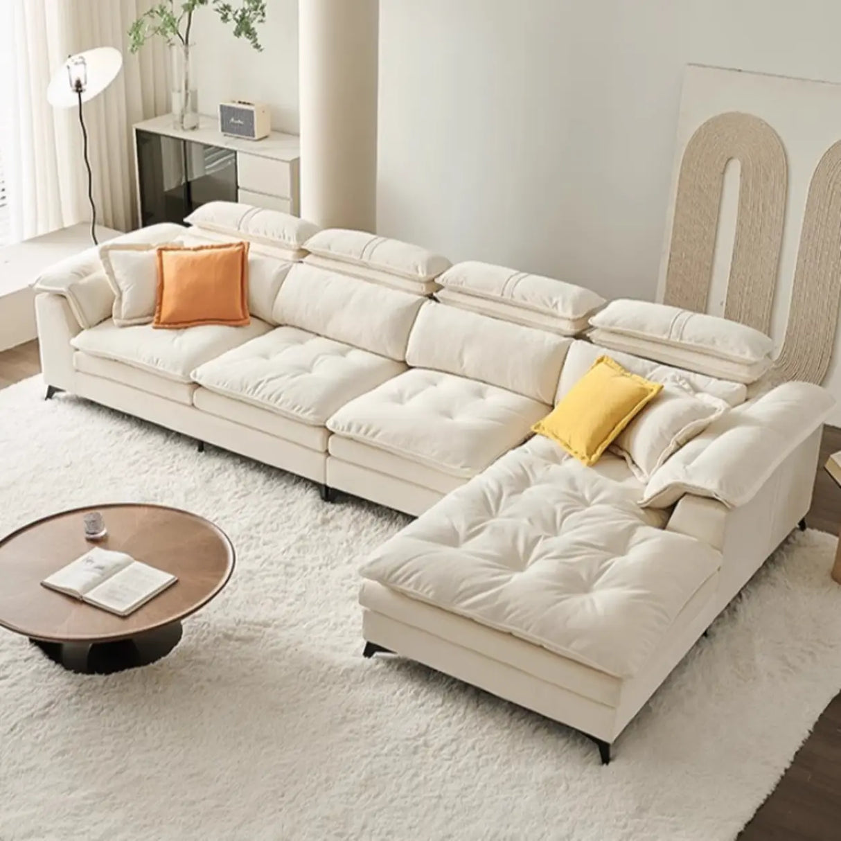 Cream Medium Comfort L-Shape Fabric Pillow Back Sofa Image - 1